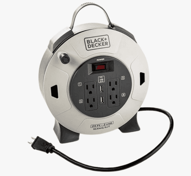 BLACK+DECKER - Carrete de cable de extensión retráctil de 25 pies con 4 tomas, 2 puertos USB, extensión de enchufe múltiple